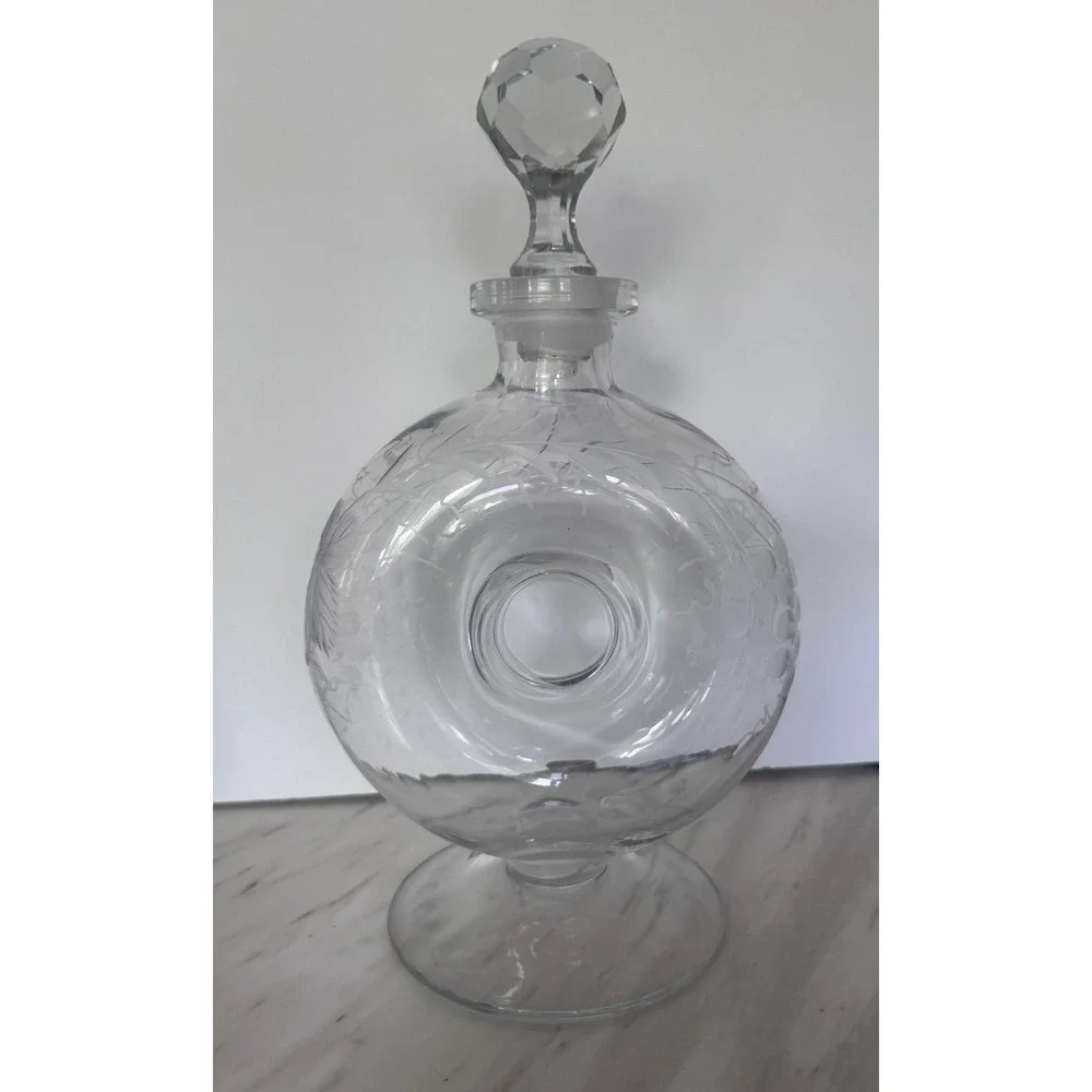 Vintage Etched Glass Donut Decanter Grape Vine Motif Faceted Stopper Clear